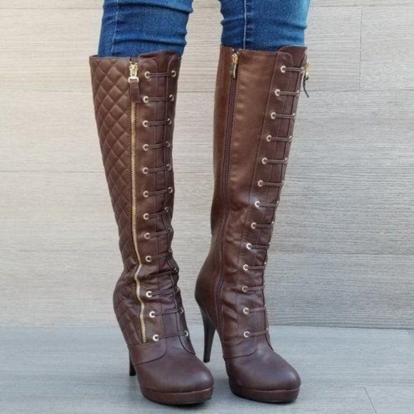 Brown Quilt Knee High Platform Boots - Picture 7 of 11